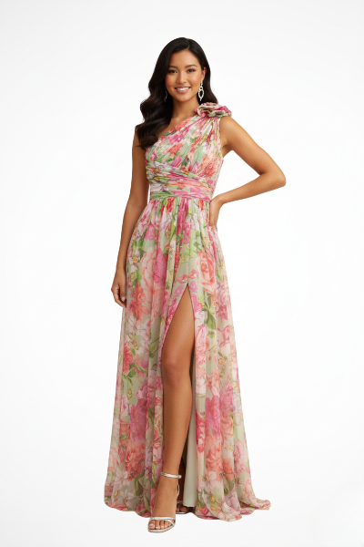 One Shoulder Floral Maxi Dress Wedding Guest