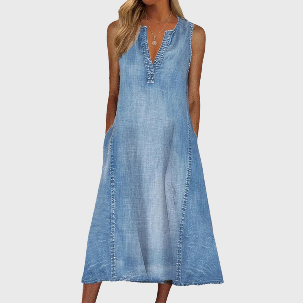 Blue Flowy Shift Denim Dress, front view