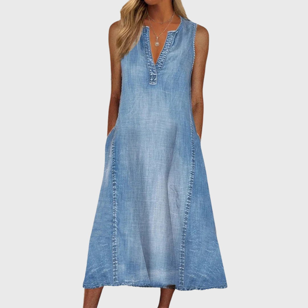 Blue Flowy Shift Denim Dress, front view