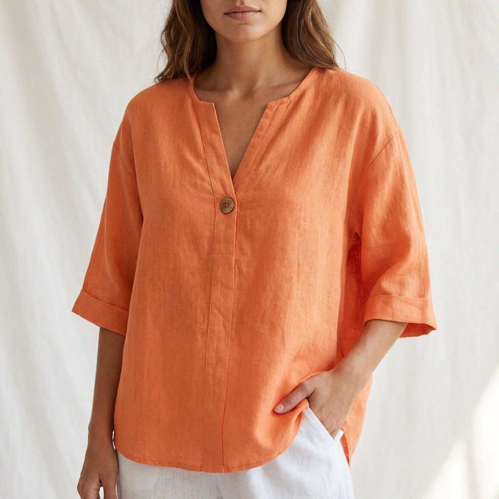 Cotton Linen V Neck Button Front Blouse