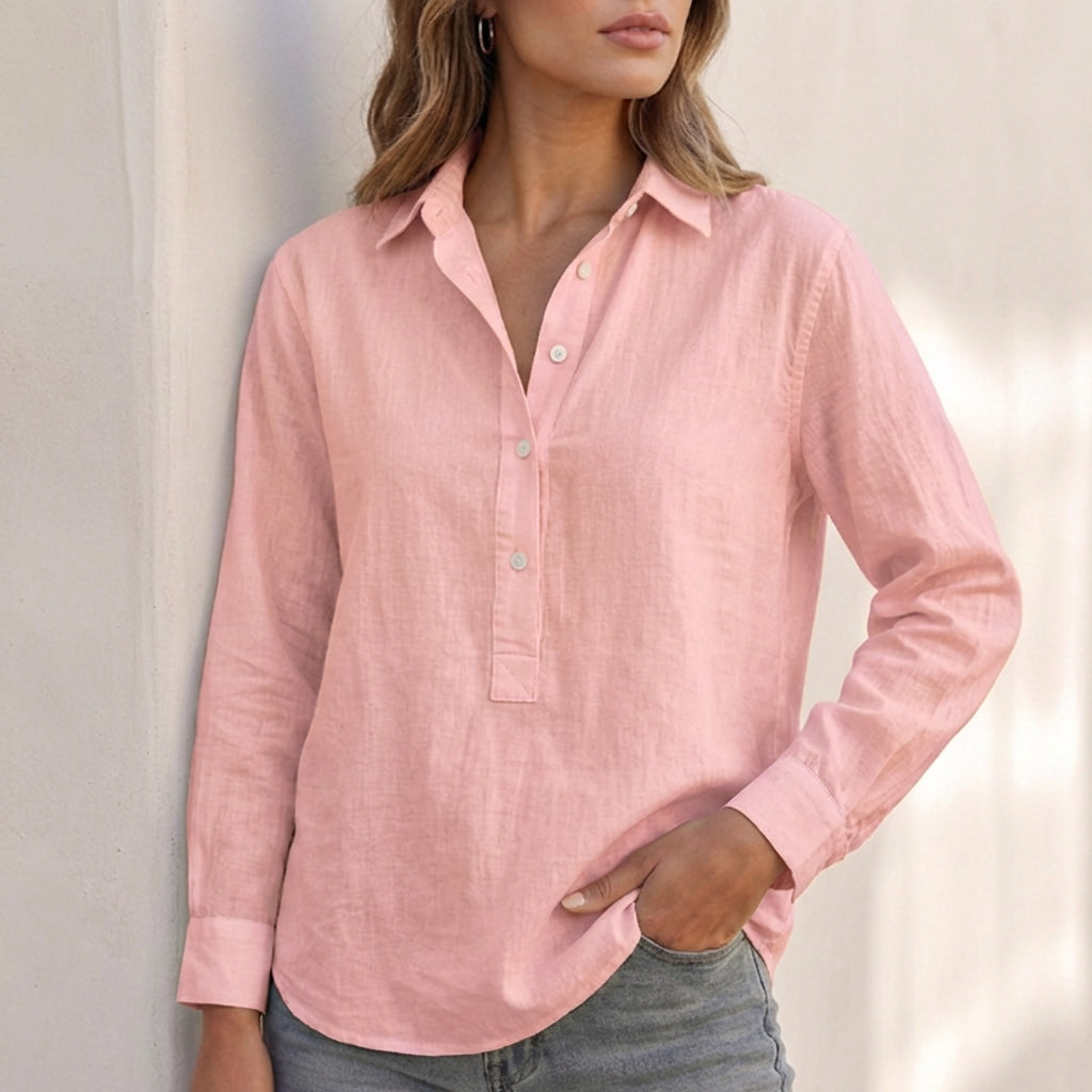 Relaxed-Fit V-Neck Popover Shirt with Cuffed Sleeves