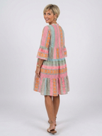 Colourful Tiered Dress with Bell Sleeves and V-Neckline