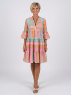 Colourful Tiered Dress with Bell Sleeves and V-Neckline