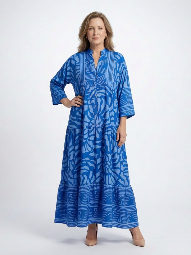 Colorful Tiered Summer Dress with Three Quarter Sleeves