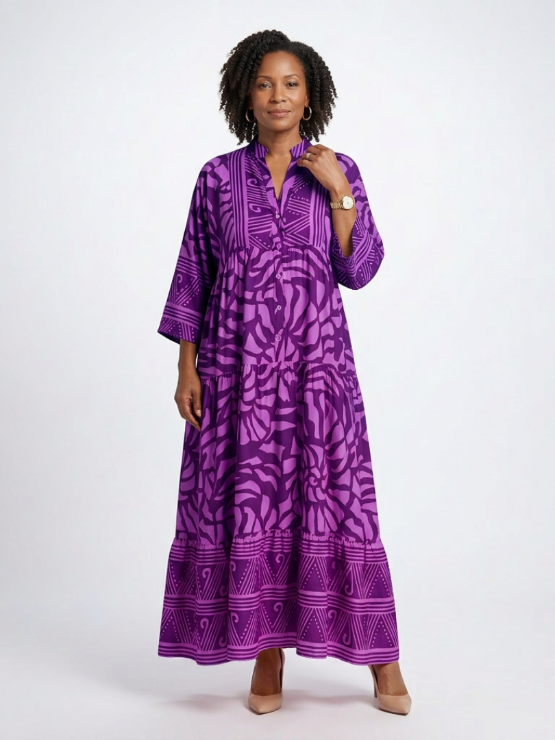 Colorful Tiered Summer Dress with Three Quarter Sleeves
