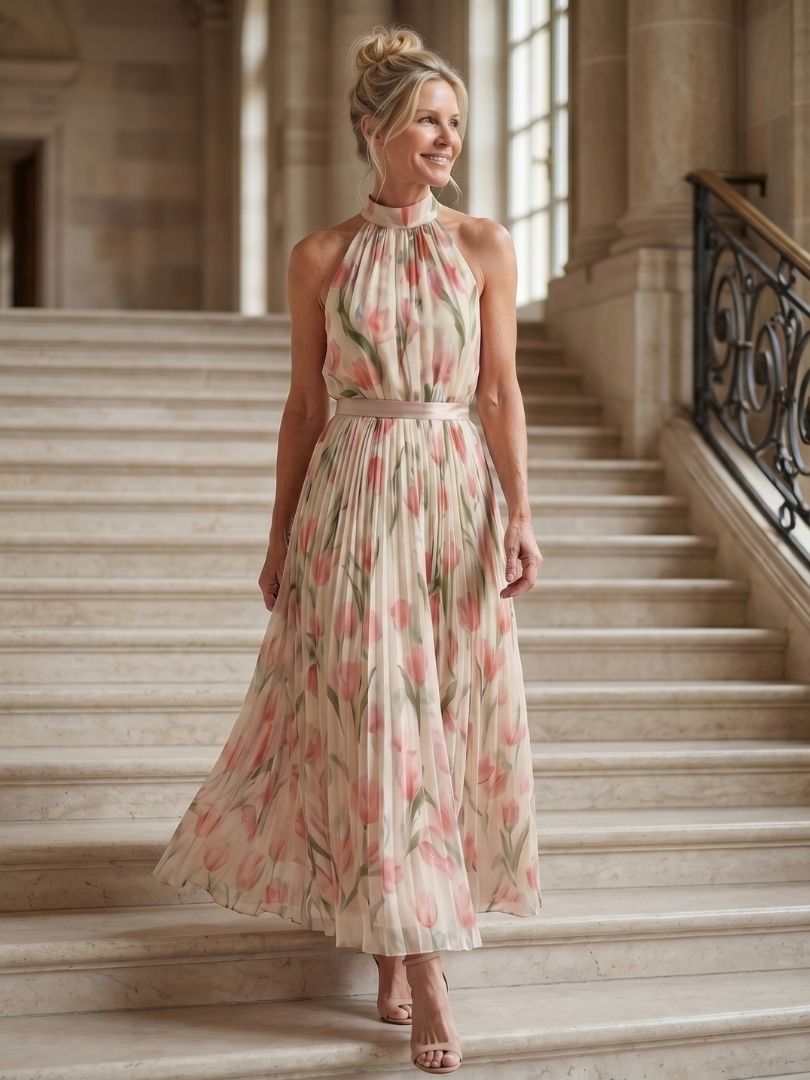 Aurelle - Halter Neck Floral Midi Dress