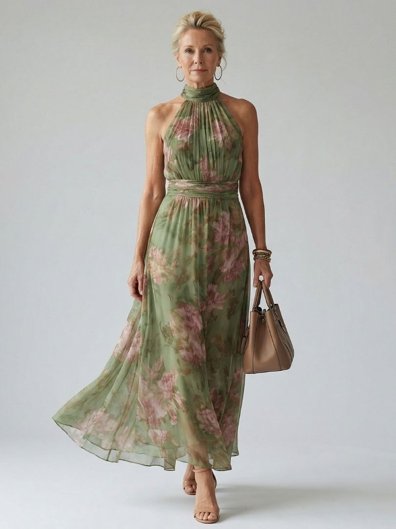 sage green sun dress Women's Midi Sundress A Line Dress Vacation Casual Boho Holiday Loose Fit Floral Graphic Sleeveless U Neck Green Gray Summer Spring 2 The waist is very stretchy because the elastic is very soft Green Heavenly Hues Sage Brush