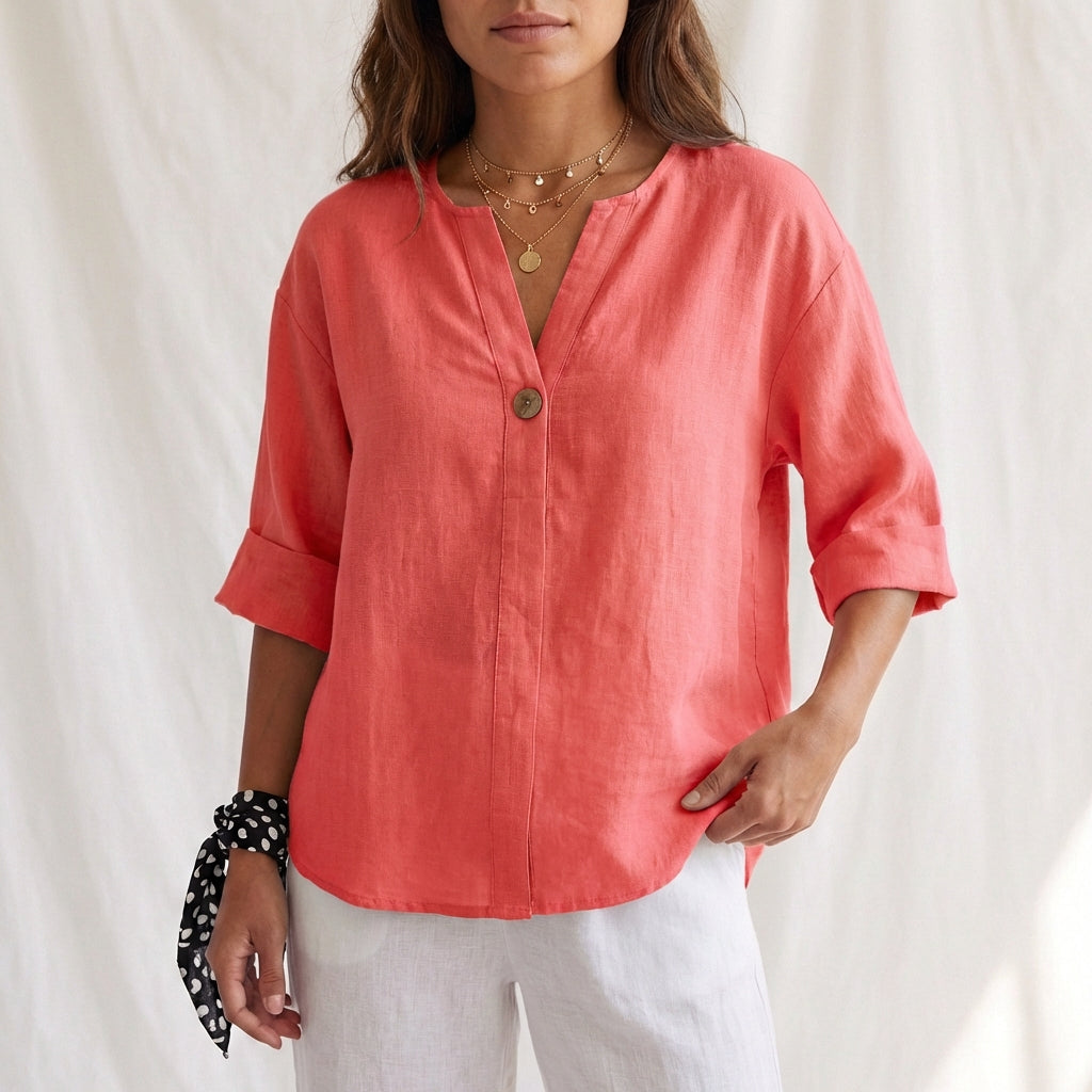 Cotton Linen V Neck Button Front Blouse