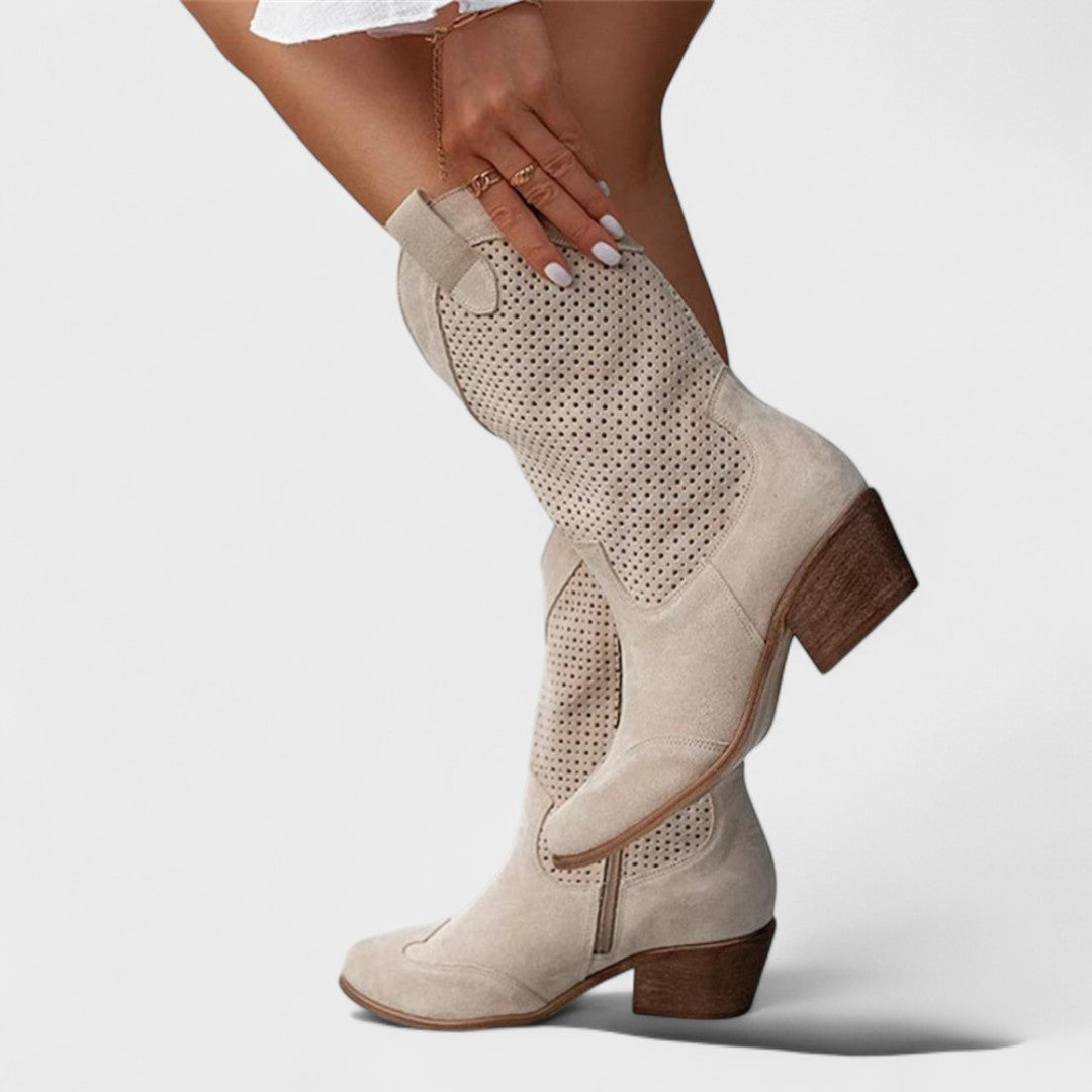 Beige mid-calf perforated Boots, front view