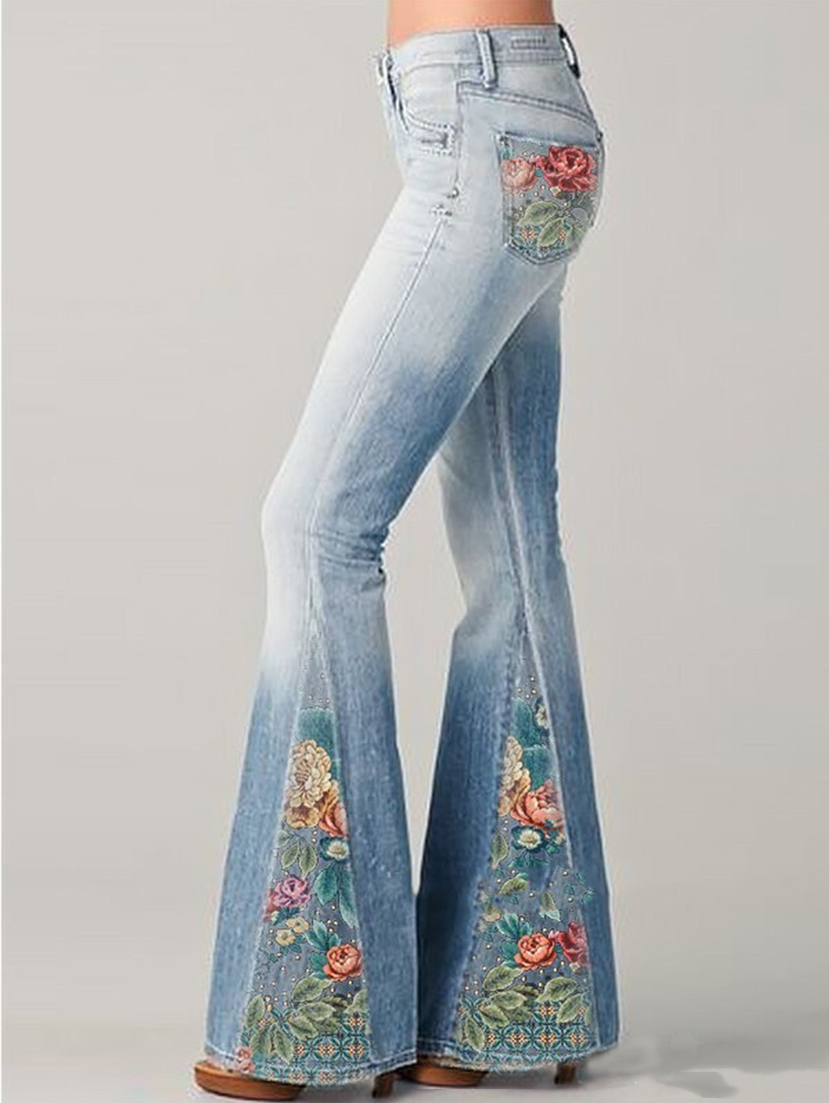Floral Embroidered High-Rise Flare Jeans, front view