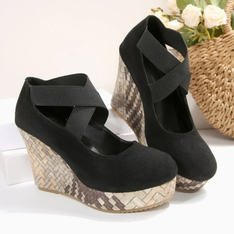Brown crisscross platform wedge Heels