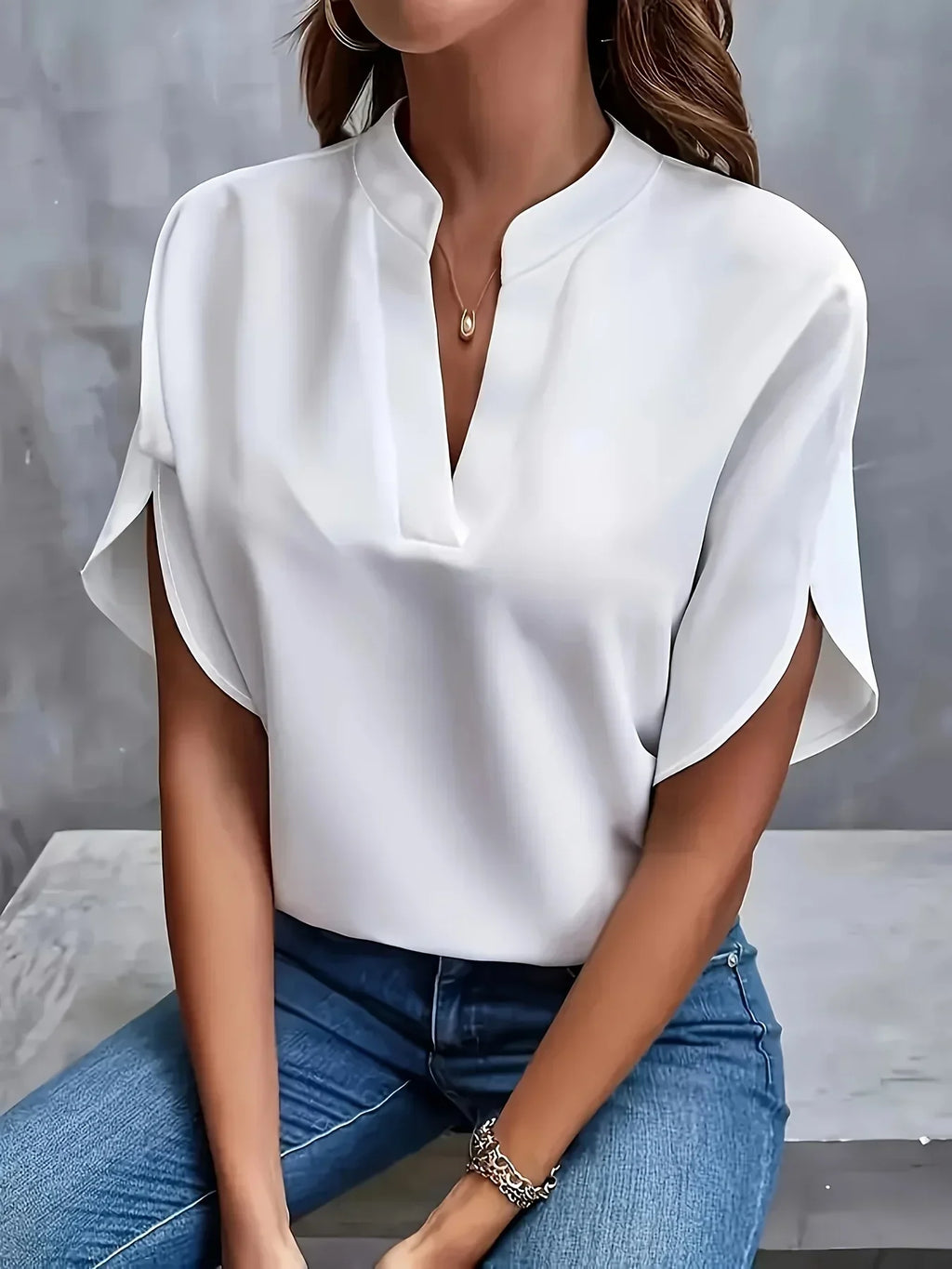Blue elegant split sleeve blouse for women, full length view