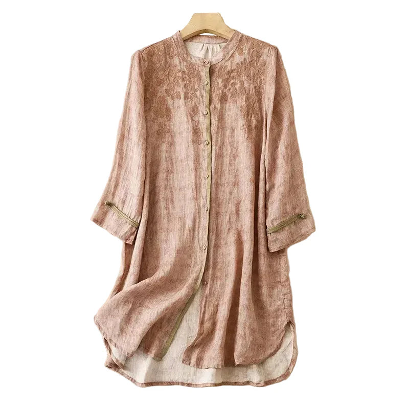 Women's Breathable Linen Front-Button Tunic Dress