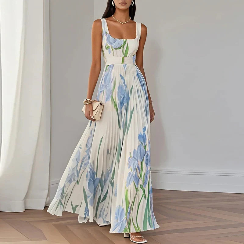 Floral Square Neck Pleated Wedding Guest Maxi Dress