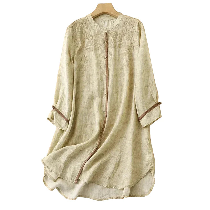 Women's Breathable Linen Front-Button Tunic Dress