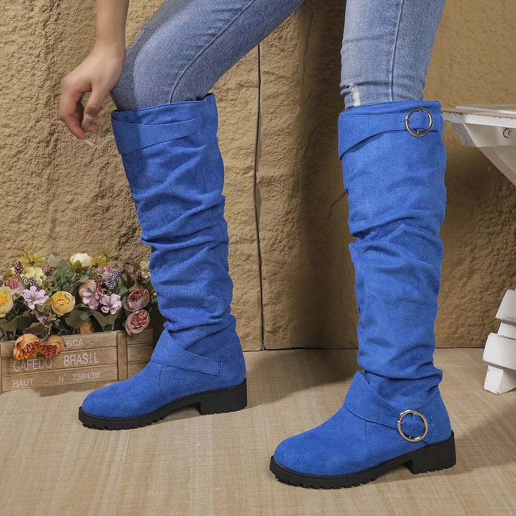 Blue slouchy knee-high Boots
