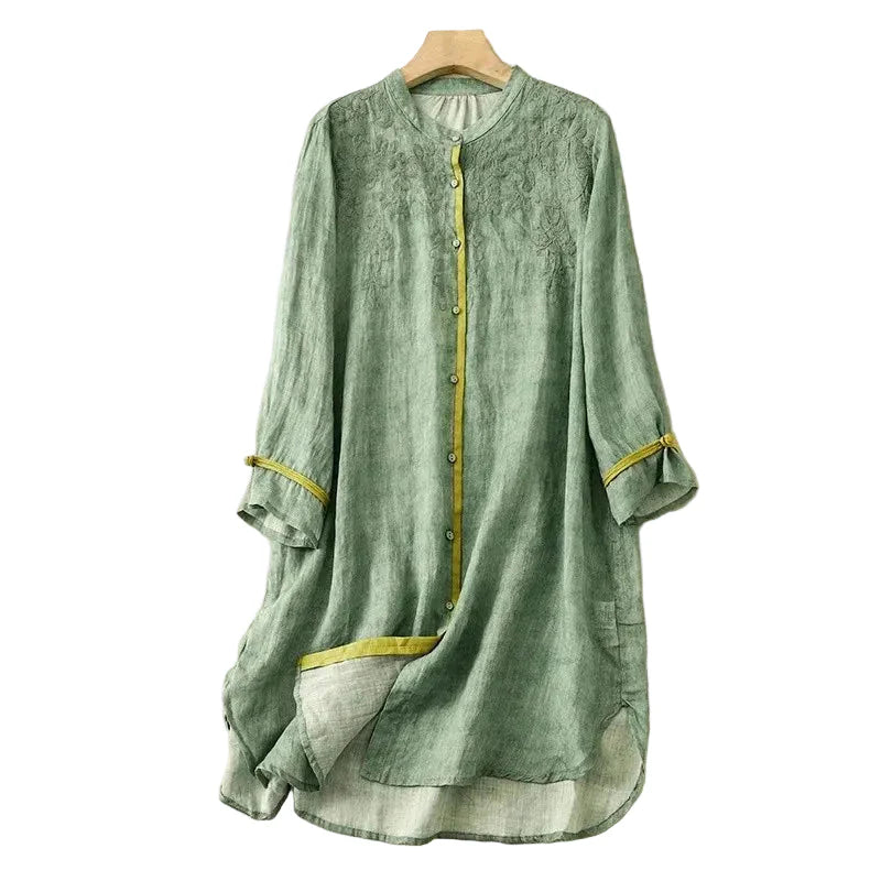 Women's Breathable Linen Front-Button Tunic Dress