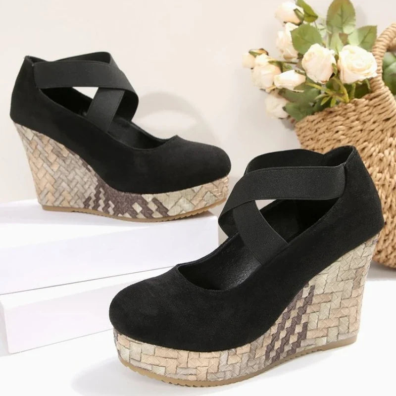 Brown crisscross platform wedge Heels