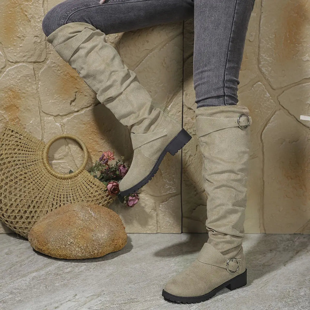 Khaki slouchy knee-high Boots