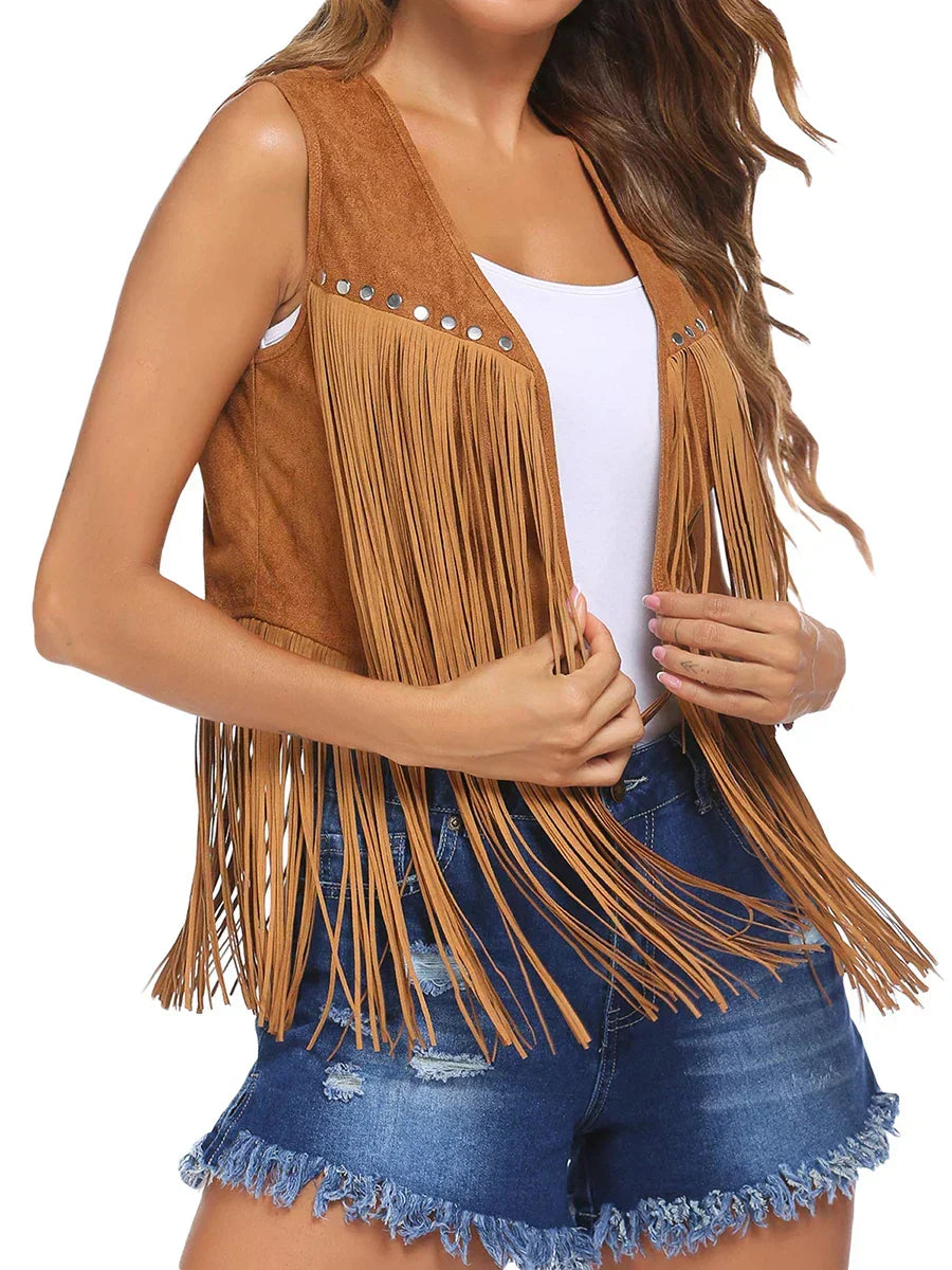 Brown fringe faux suede vest