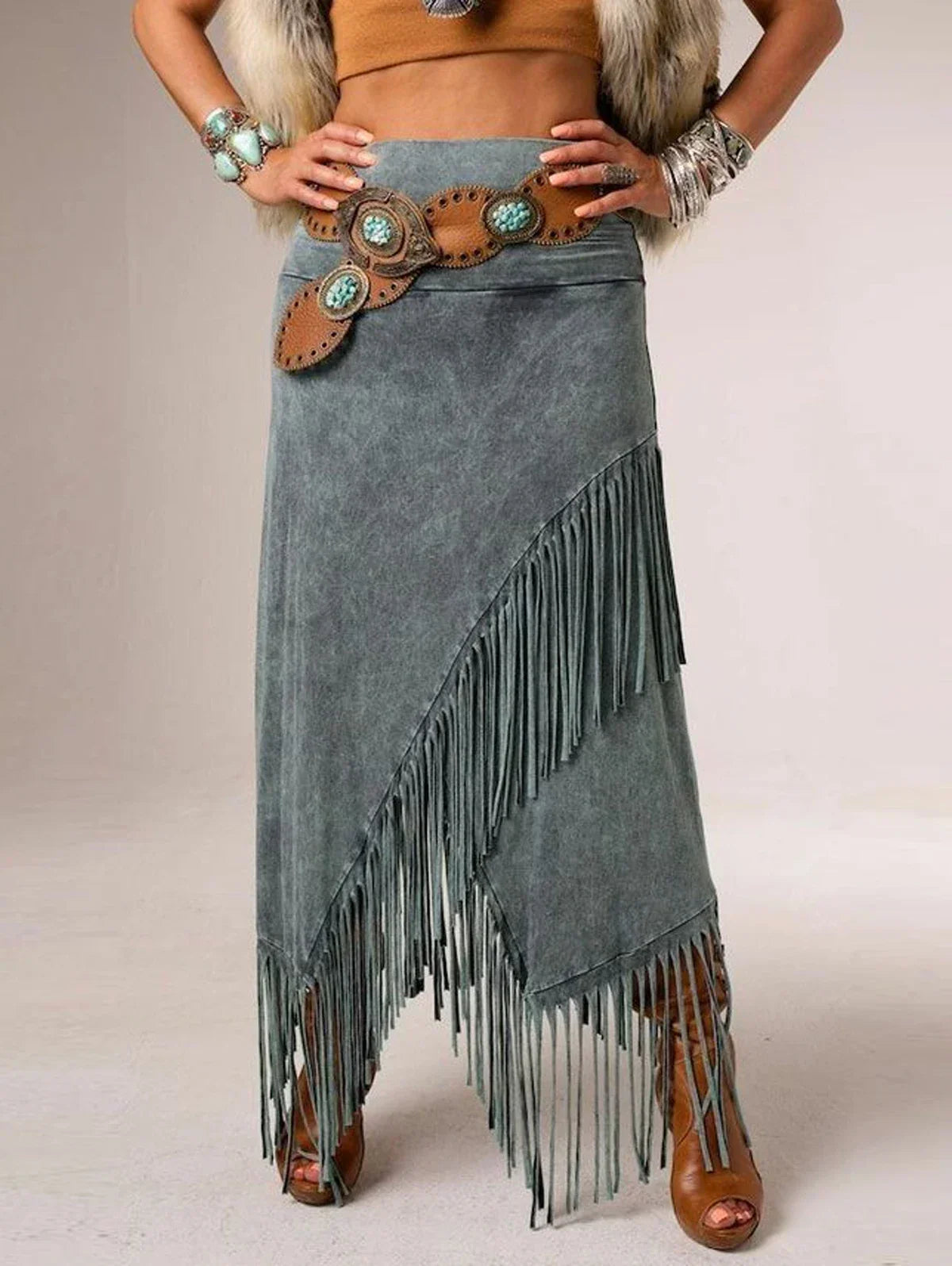 Gray Fringe Maxi Skirt, front view
