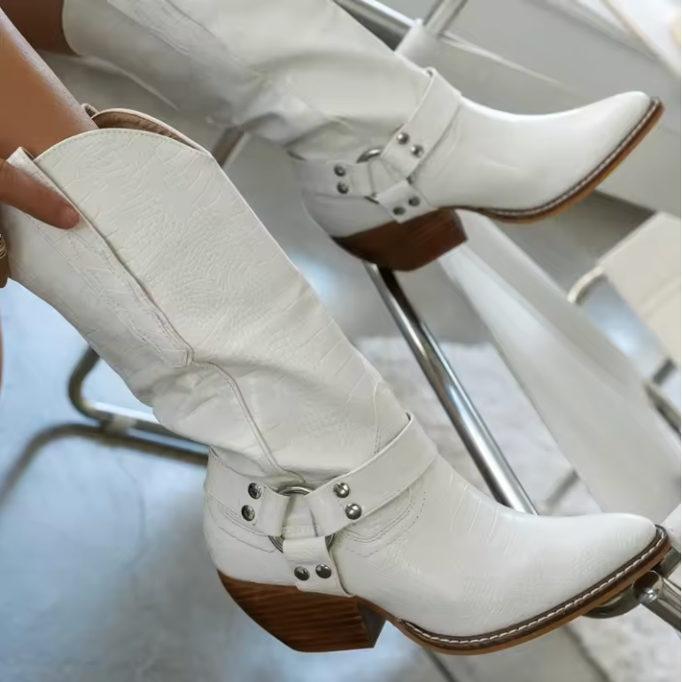 White cow-print cowboy Boots