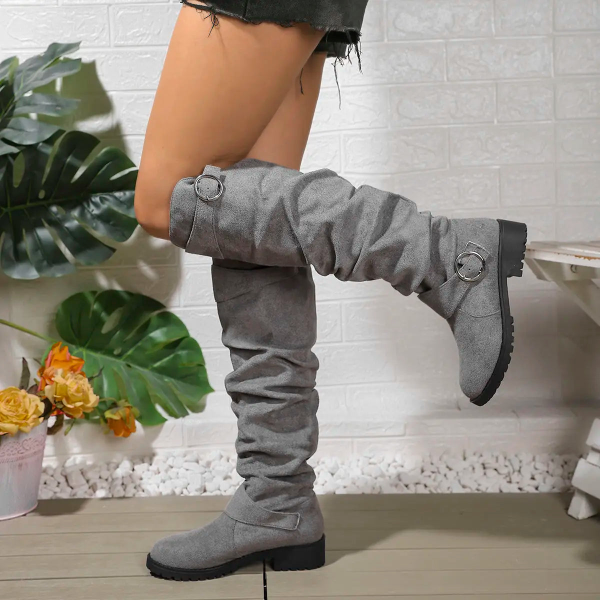 Light Grey slouchy knee-high Boots, front view