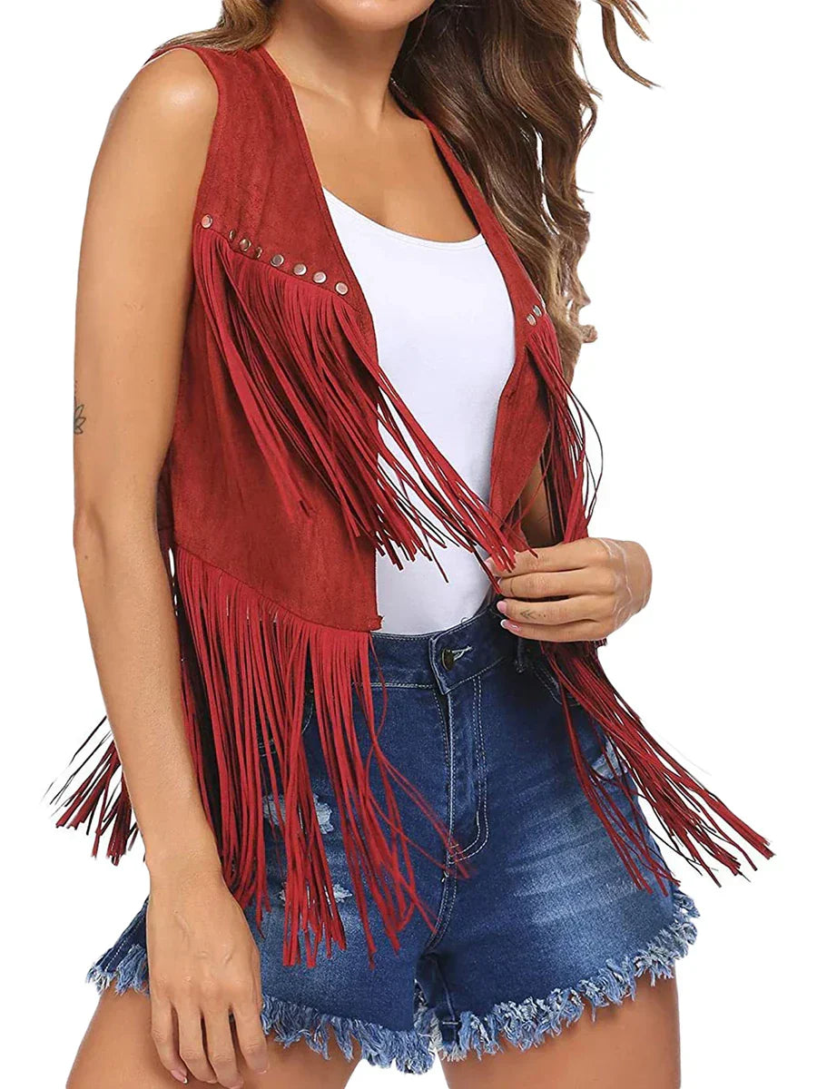 Brown fringe faux suede vest