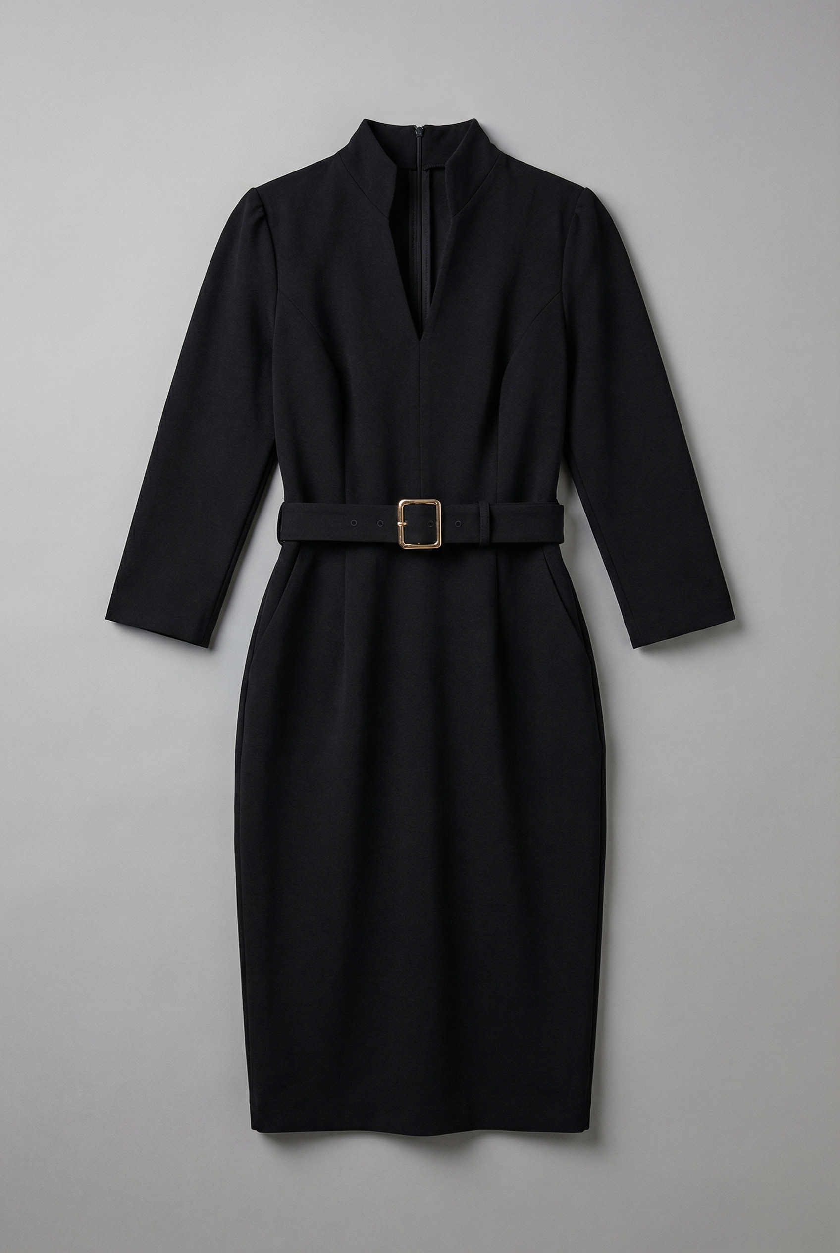 Women’s Black Long Sleeve Midi Dress with Belt