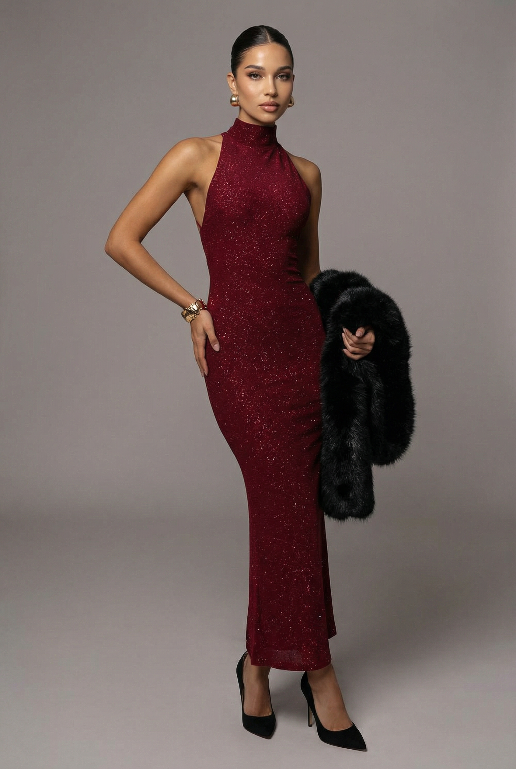 Women’s Wine Red Glitter Sparkle Maxi Dress