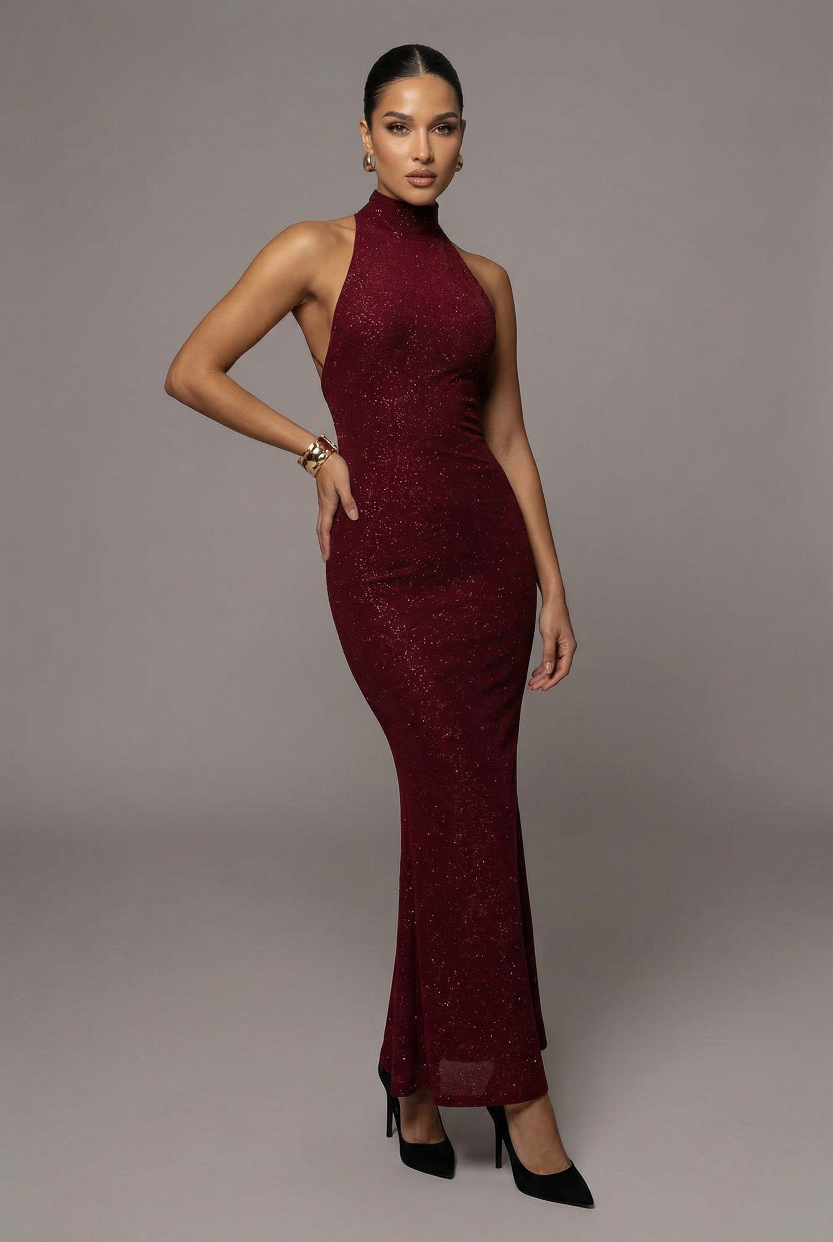 Women’s Wine Red Glitter Sparkle Maxi Dress