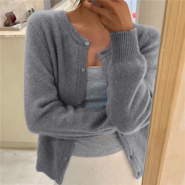 Gray Cashmere-feel Knit Cardigan, front view