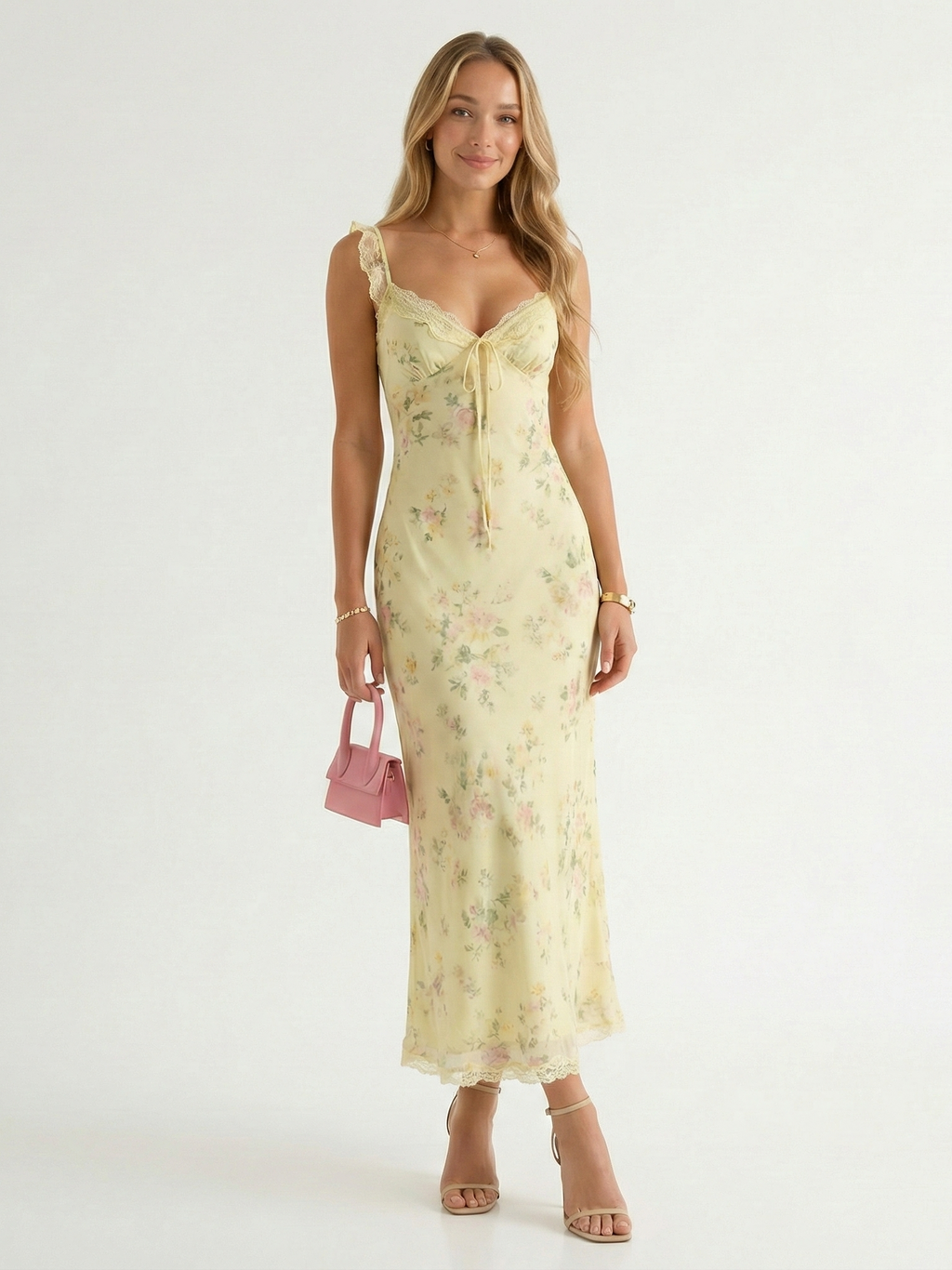 Floral Spaghetti Strap Backless Midi Dress, Yellow / M