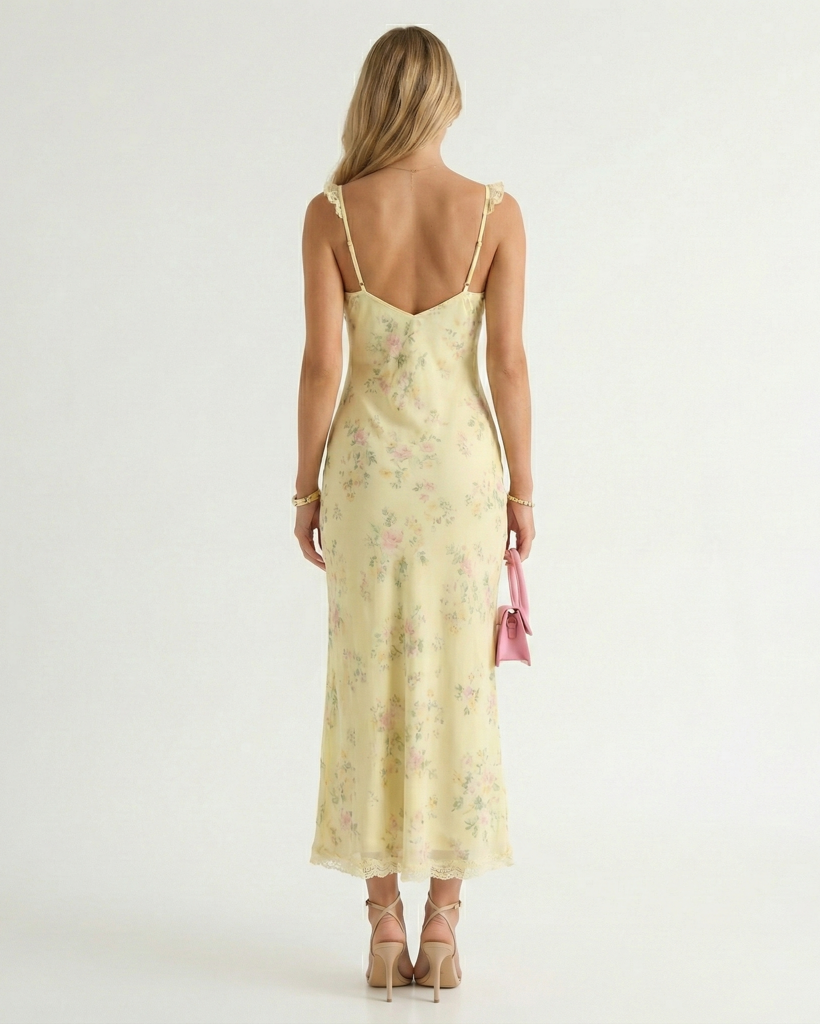 Floral Spaghetti Strap Backless Midi Dress, Blue / M