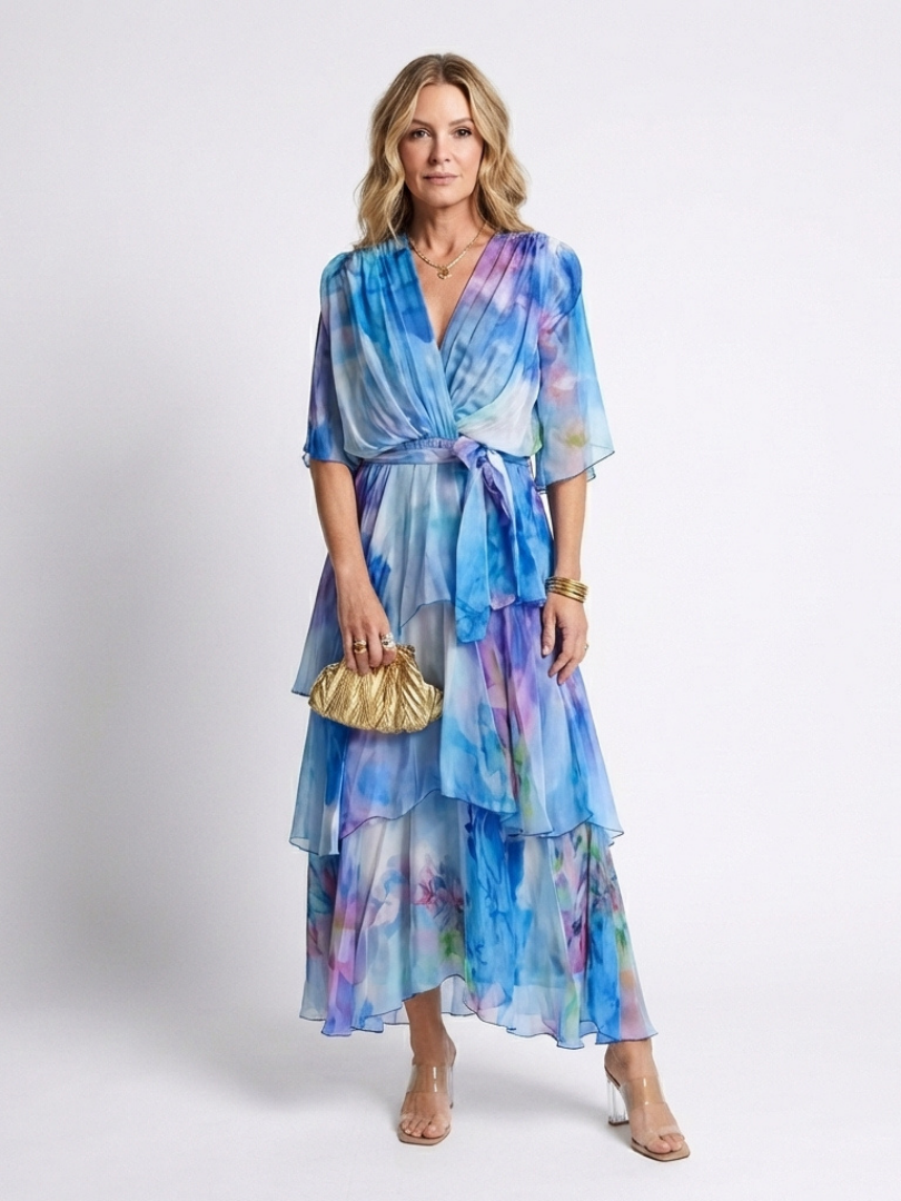 Women's Floral Layered Maxi Dress With V-neck & Half Sleeves - Blue / S - Fashion - Zerindi