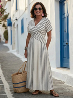 Cressida - V-Neck Short Sleeve Cross Waist Midi Dress