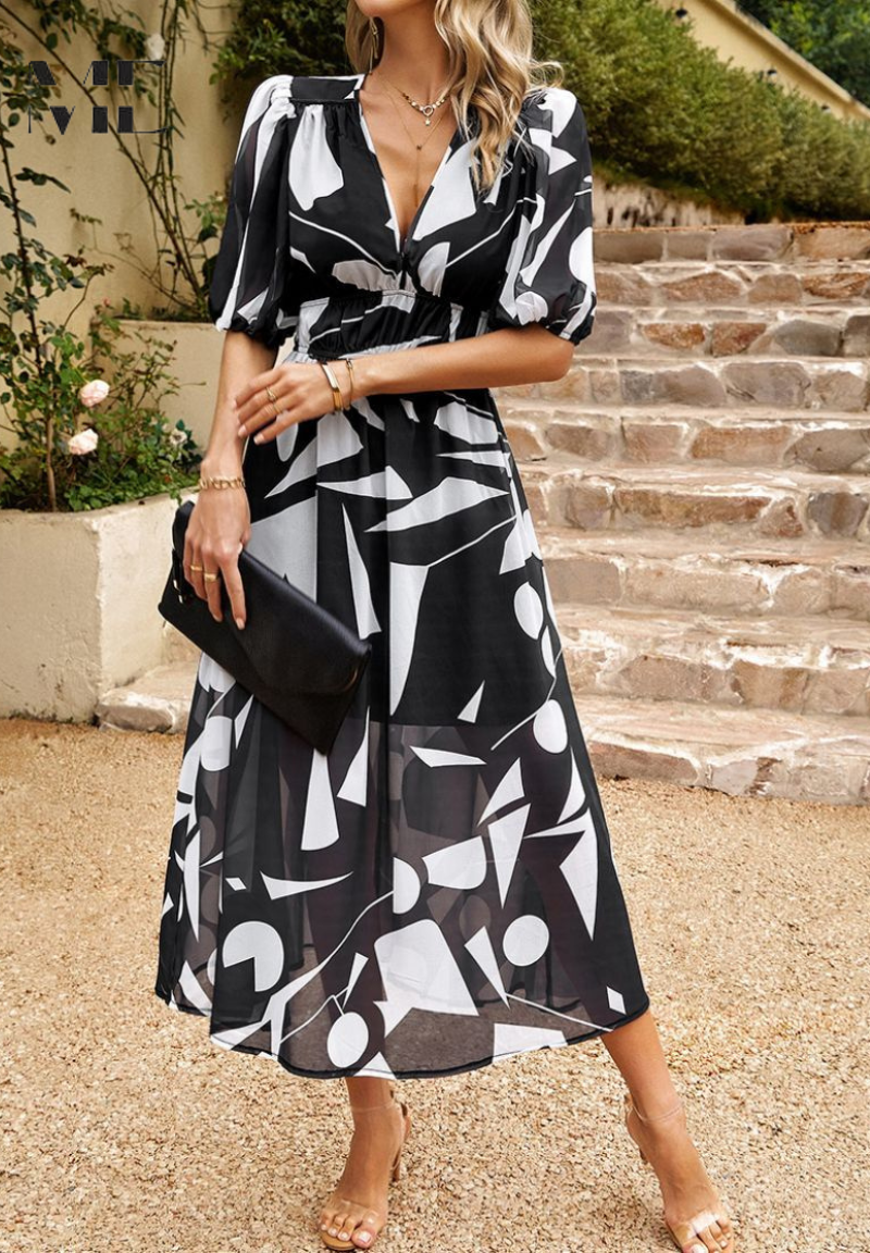 Monica - Floral V-Neck Midi Dress with Short Puff Sleeves