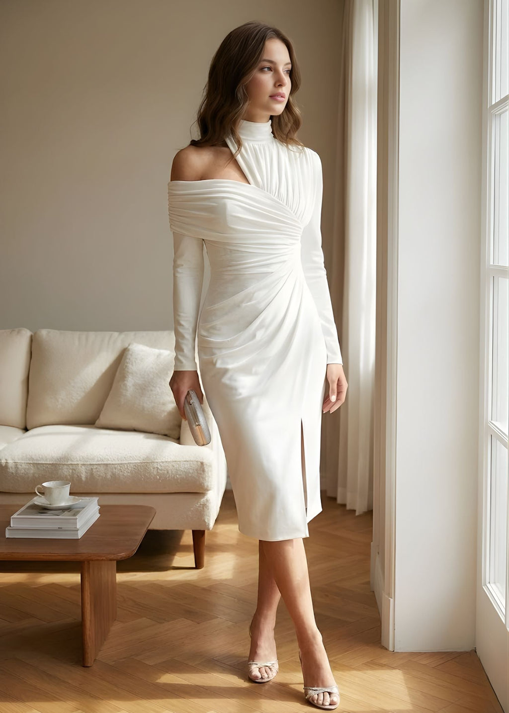 One-Shoulder Long Sleeve Ruched Wedding Guest Midi Dress