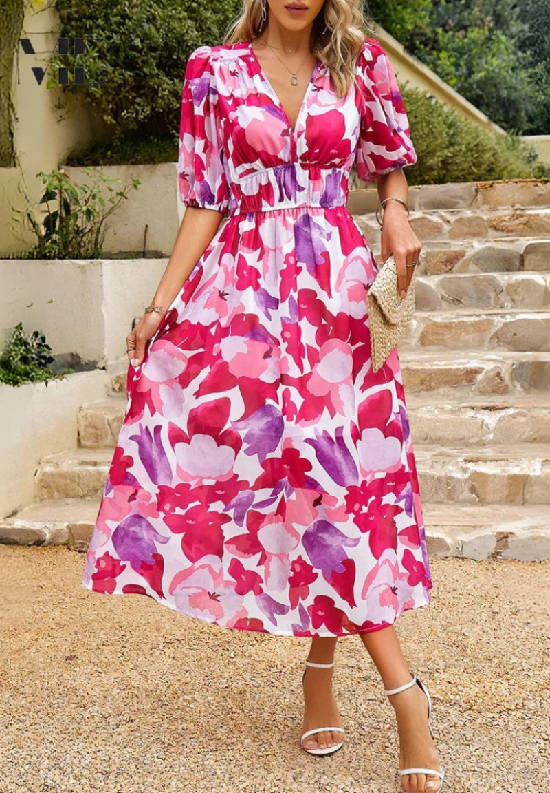 Floral Puff Sleeve Midi Dress Summer