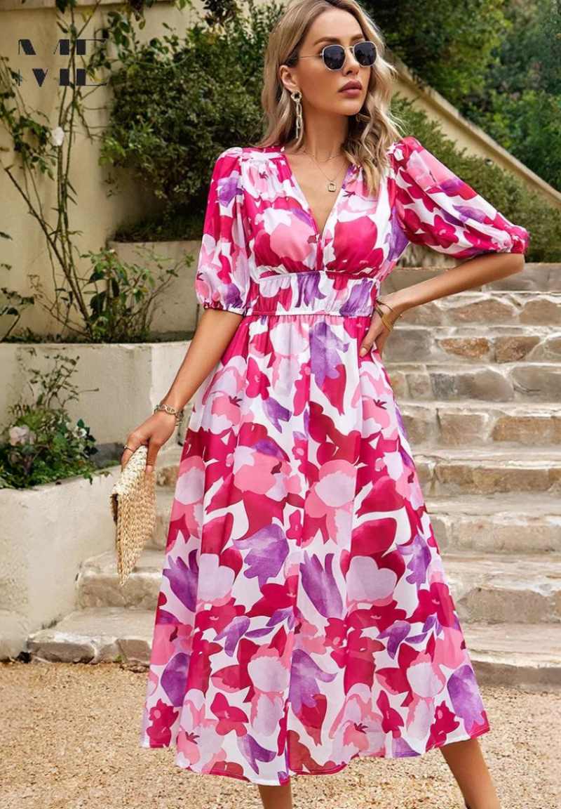 Floral Puff Sleeve Midi Dress Summer