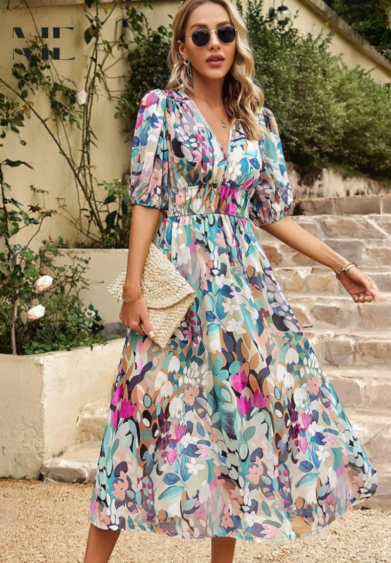 Bohemian Floral Print Maxi Dress | Boho V-Neck Style