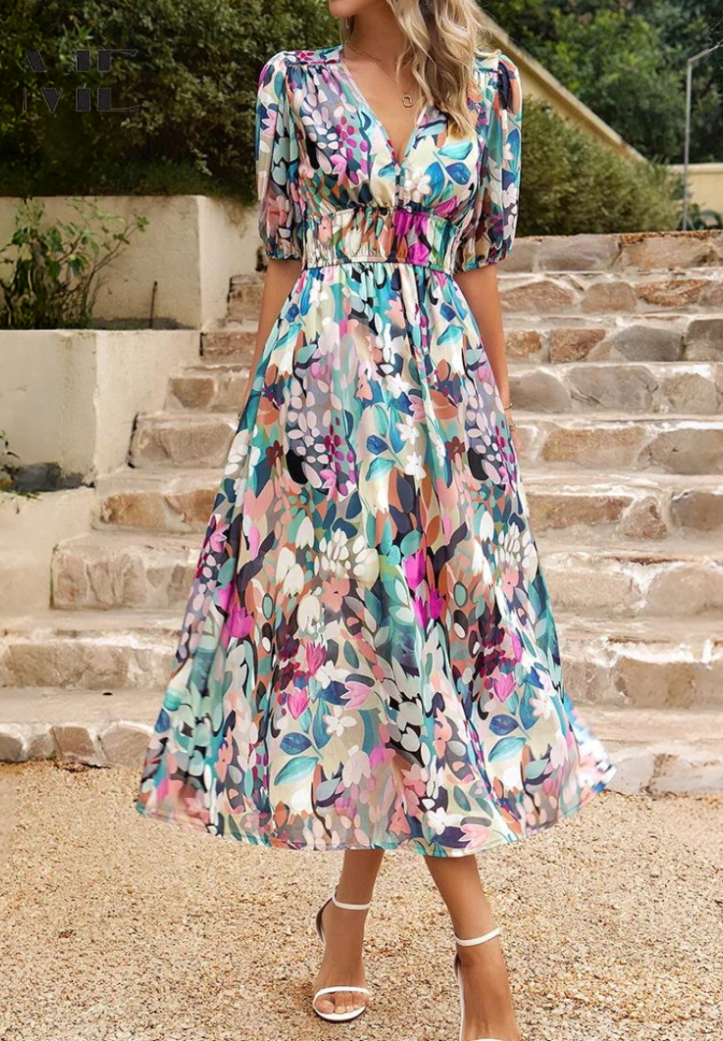 Floral Puff Sleeve Midi Dress Summer