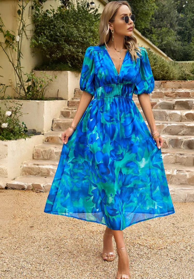 Monica - Floral V-Neck Midi Dress with Short Puff Sleeves