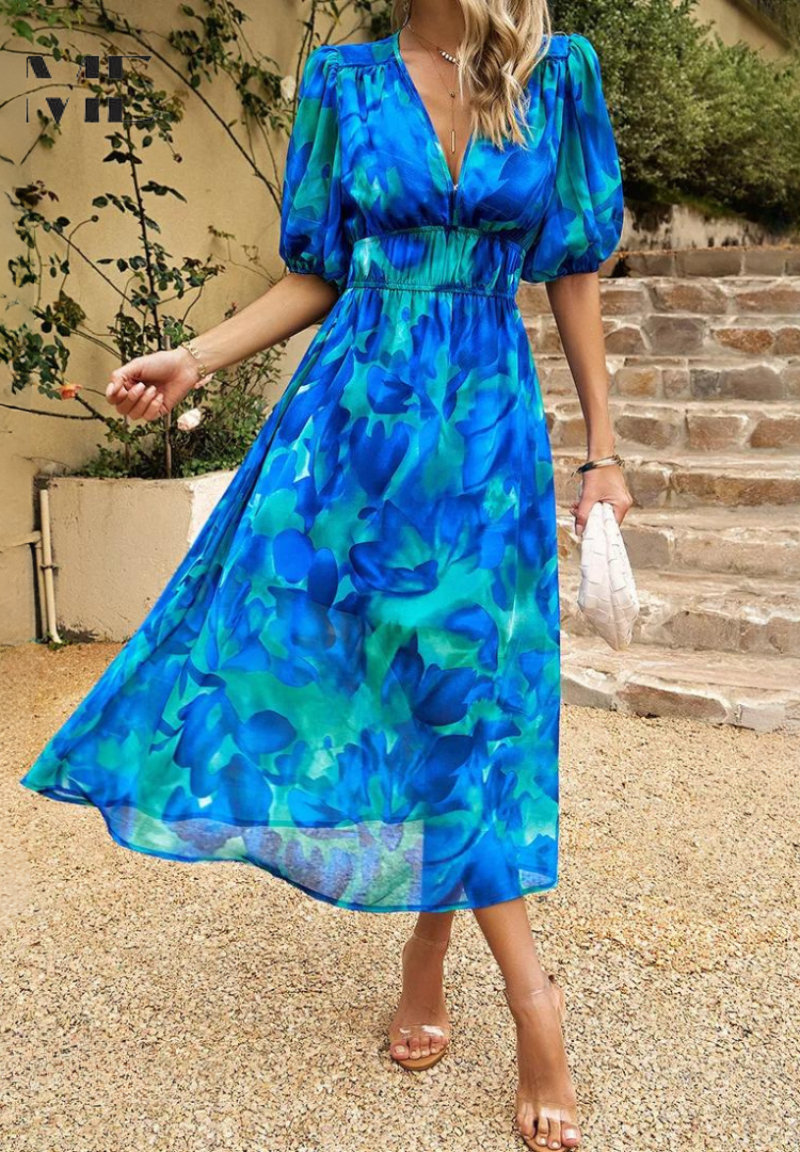 Floral Puff Sleeve Midi Dress Summer