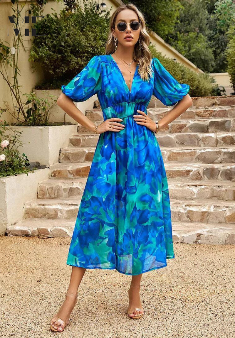 Floral Puff Sleeve Midi Dress Summer