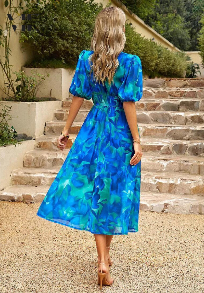 Floral Puff Sleeve Midi Dress Summer