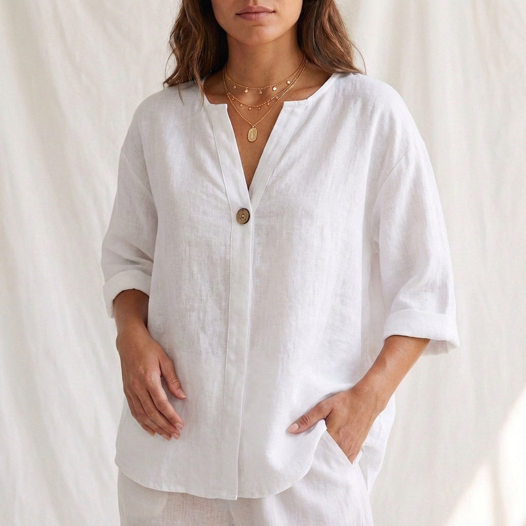 Cotton Linen V-Neck Blouse with Button Front and Cuffed Sleeves