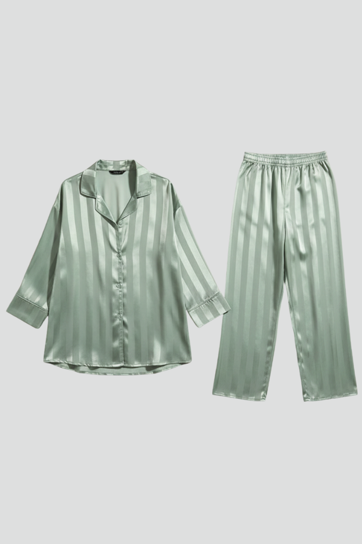 Women’s Striped Satin Pyjama Set with Button Shirt and Trousers