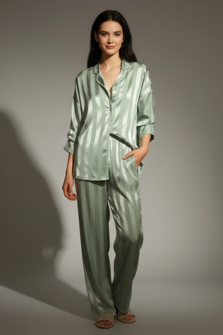 Women’s Striped Satin Pyjama Set with Button Shirt and Trousers
