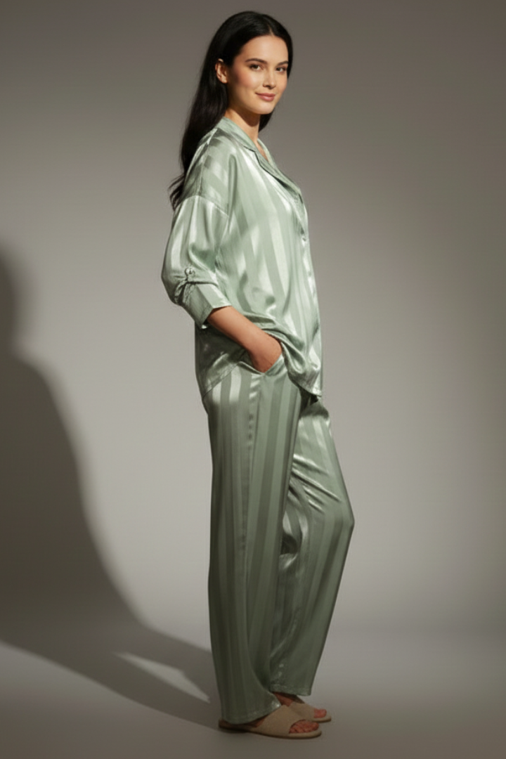 Women’s Striped Satin Pyjama Set with Button Shirt and Trousers